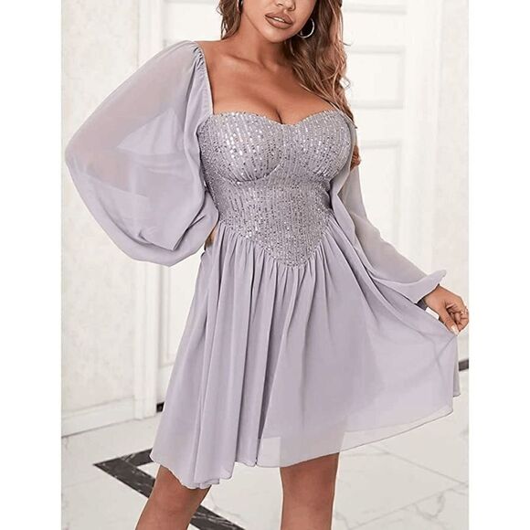 Long Lantern Sleeve Sequin Cocktail Party Bridesmaid Swing Dress SIZE M NEW - Picture 5 of 13